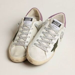 Golden Goose Super-Star with Green Snake-Print Suede Star and Purple Heel Tab